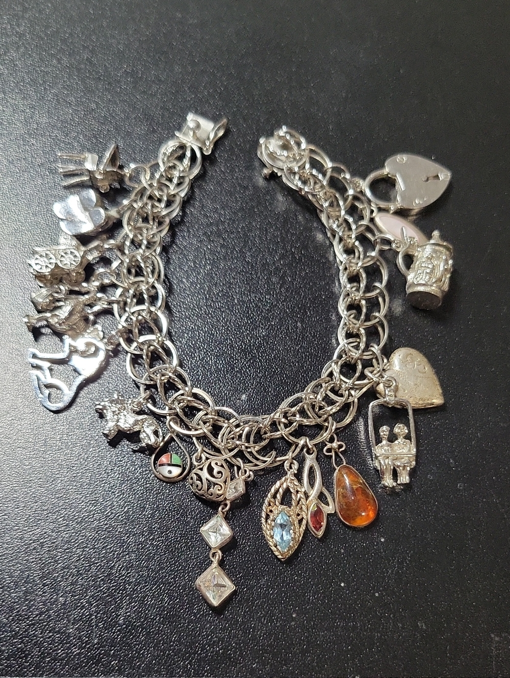Sterling Silver Multi-Charm Bracelet with Amber and Crystal Accents - Silver